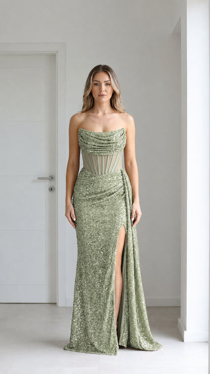 Front view of sage green sequin evening gown with high slit