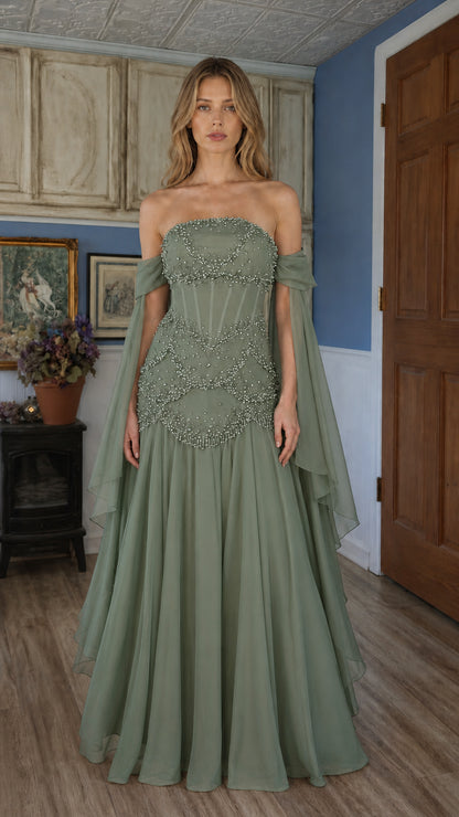 Front view of sage green beaded off-shoulder evening gown