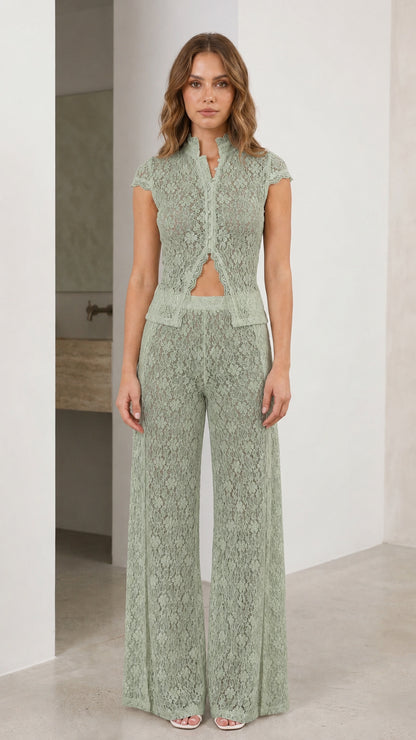 Full front view of sage green lace matching set