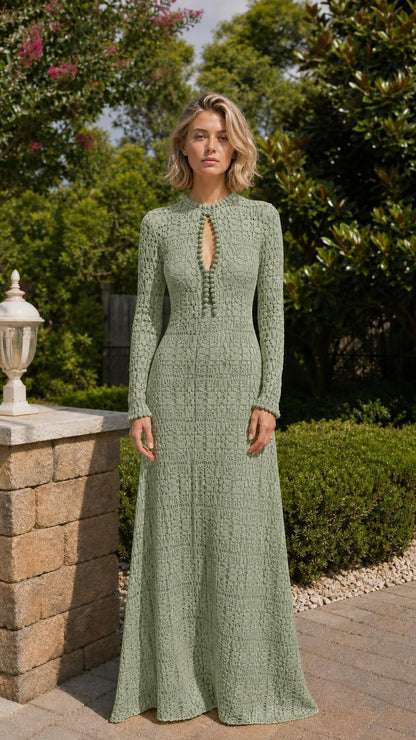 Woman wearing sage green long-sleeve crochet maxi dress