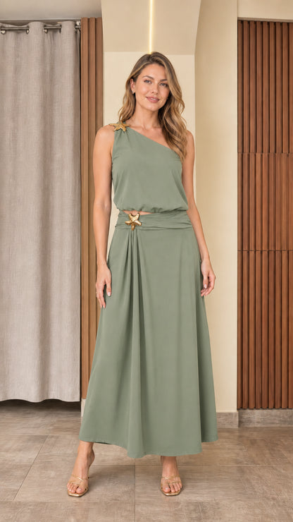 Front view of woman wearing sage green one-shoulder maxi two-piece set