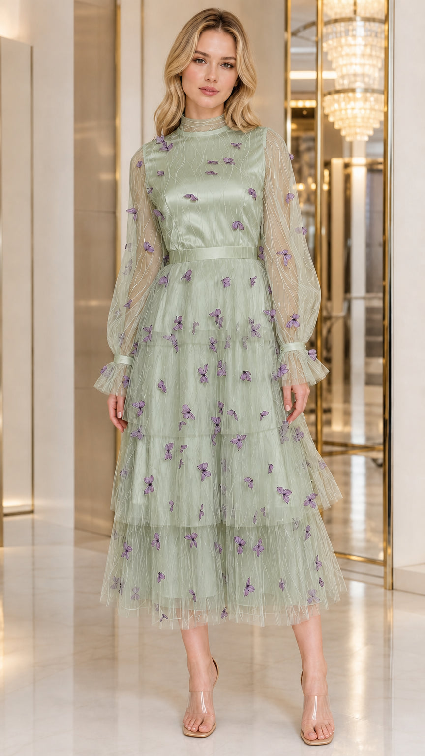 Sage green high neck tulle midi dress with purple butterfly details
