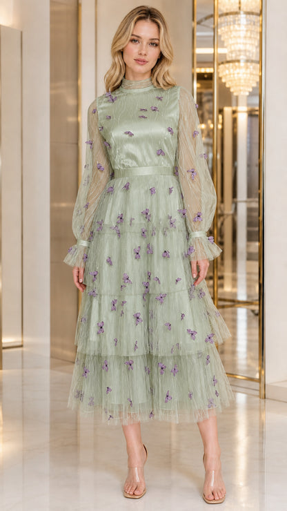 Sage green high neck tulle midi dress with purple butterfly details