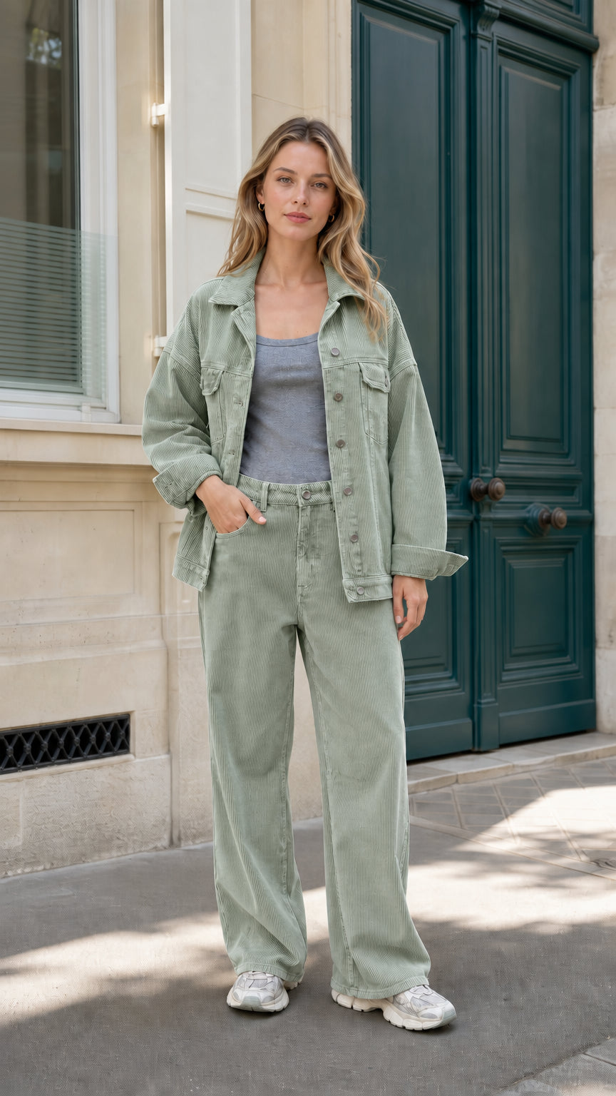 Model wearing Sage Green corduroy button-front jacket and pants set