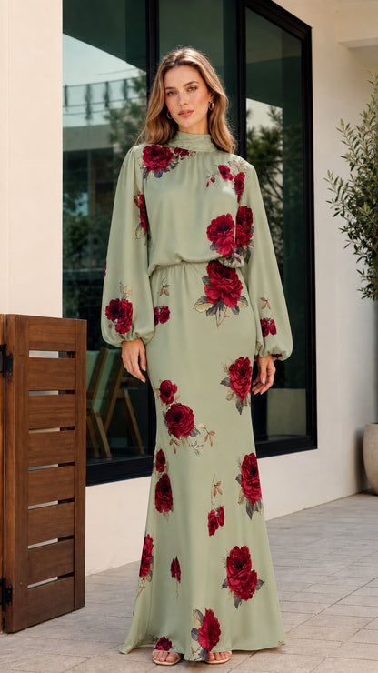 Full-length front view of woman wearing sage green floral print high-neck long sleeve maxi dress