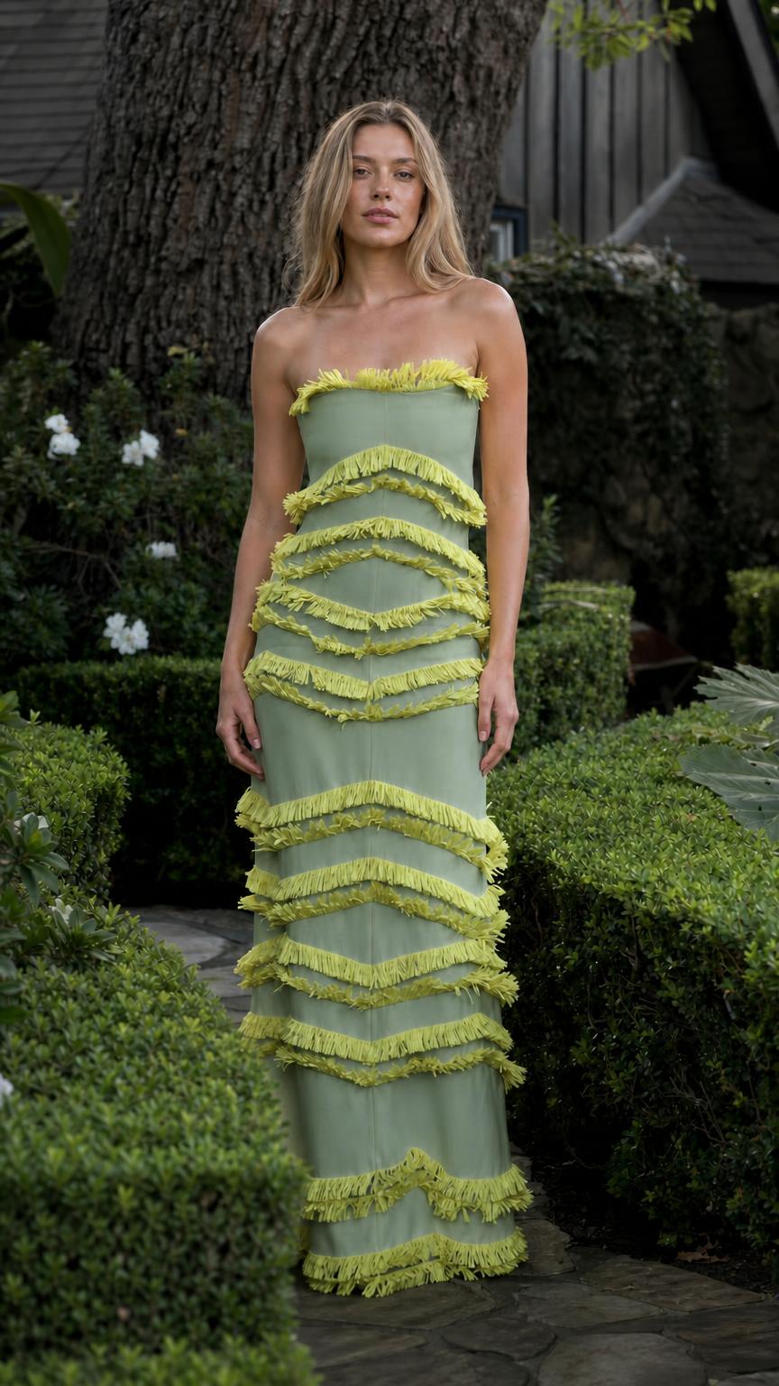 Model wearing sage green tiered fringe strapless maxi dress