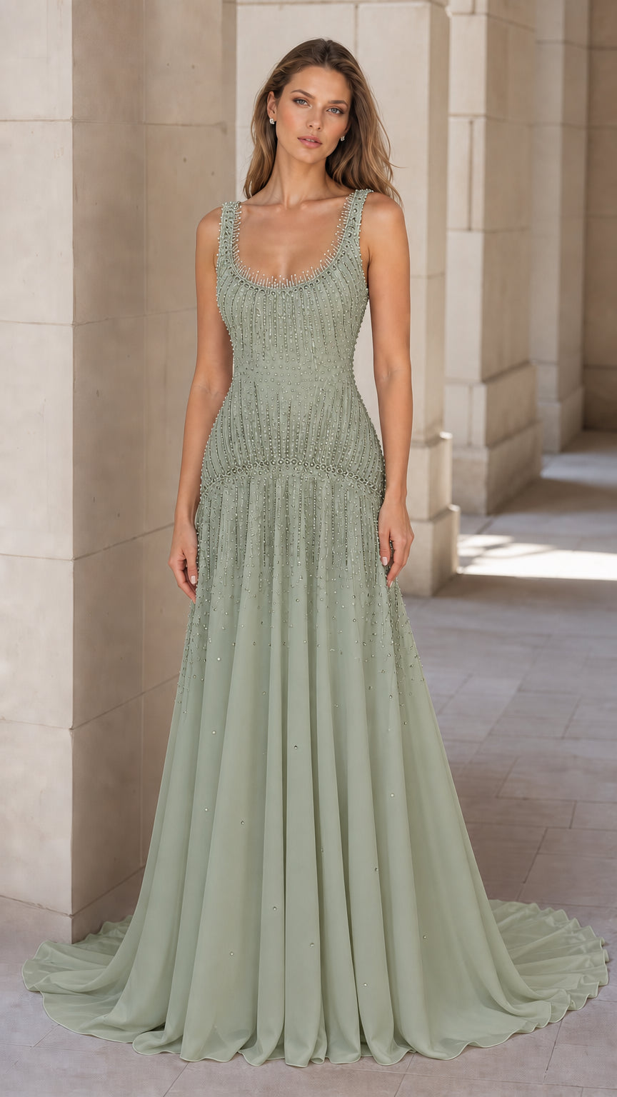 Front view of sage green beaded evening gown