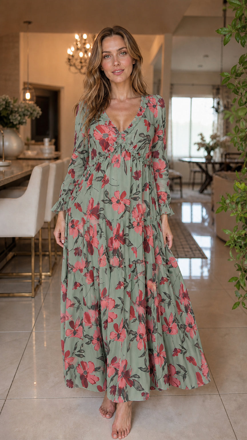 Front view of sage green floral long sleeve tiered maxi dress