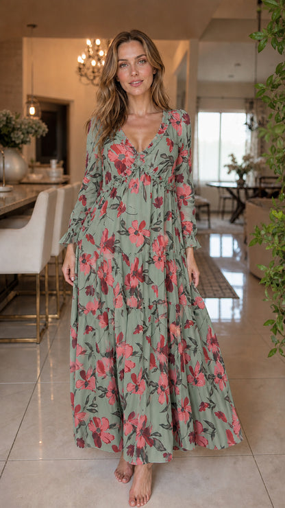 Front view of sage green floral long sleeve tiered maxi dress