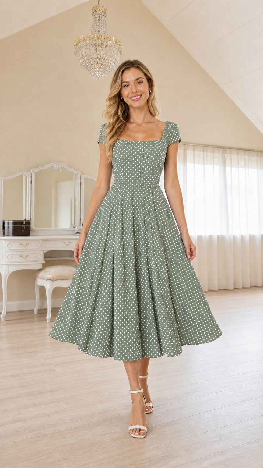 Model wearing Sage polka dot midi dress