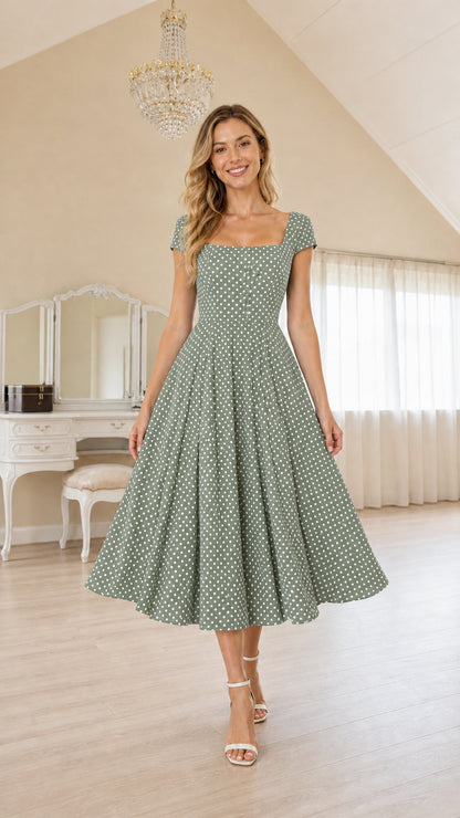 Model wearing Sage polka dot midi dress