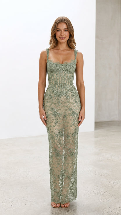 Front view of sage green lace corset evening maxi dress