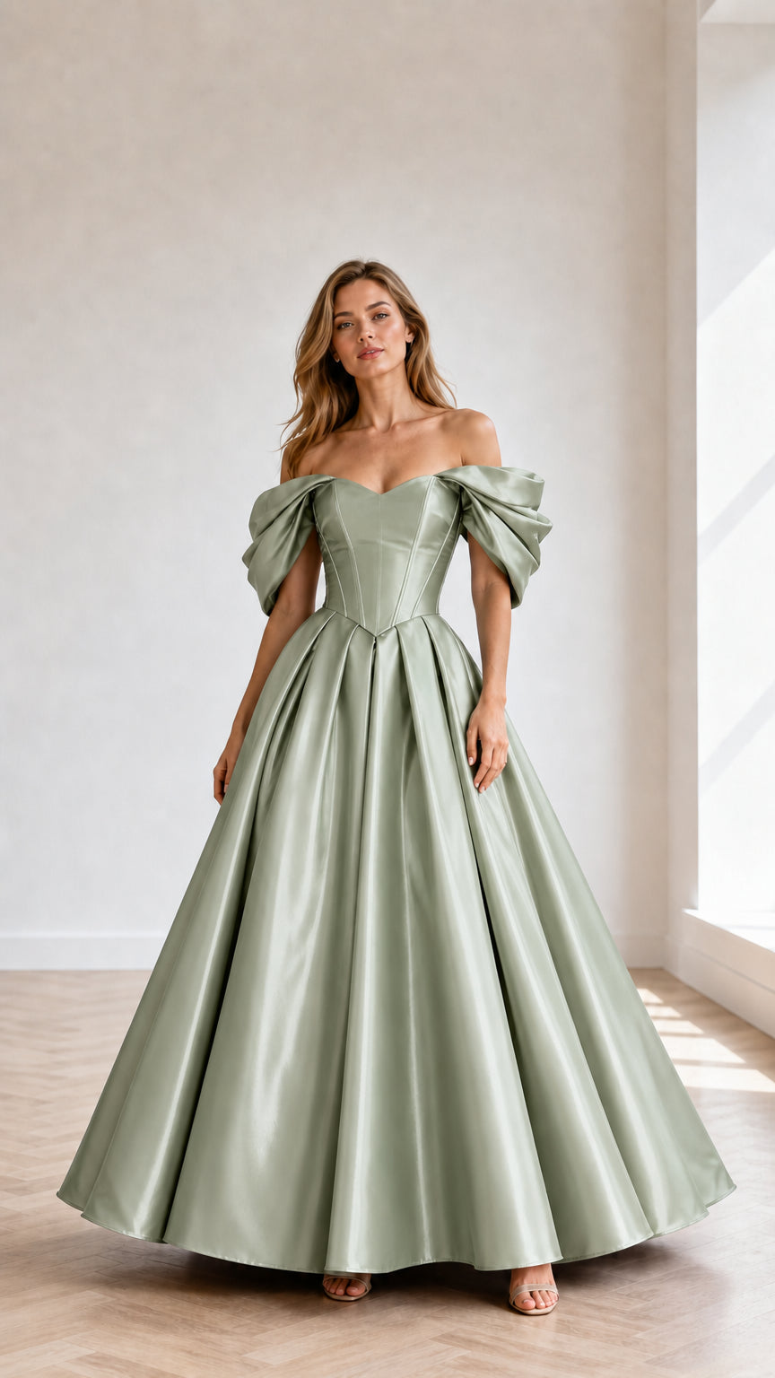 Sage green off-shoulder satin-look ball gown shown from the front