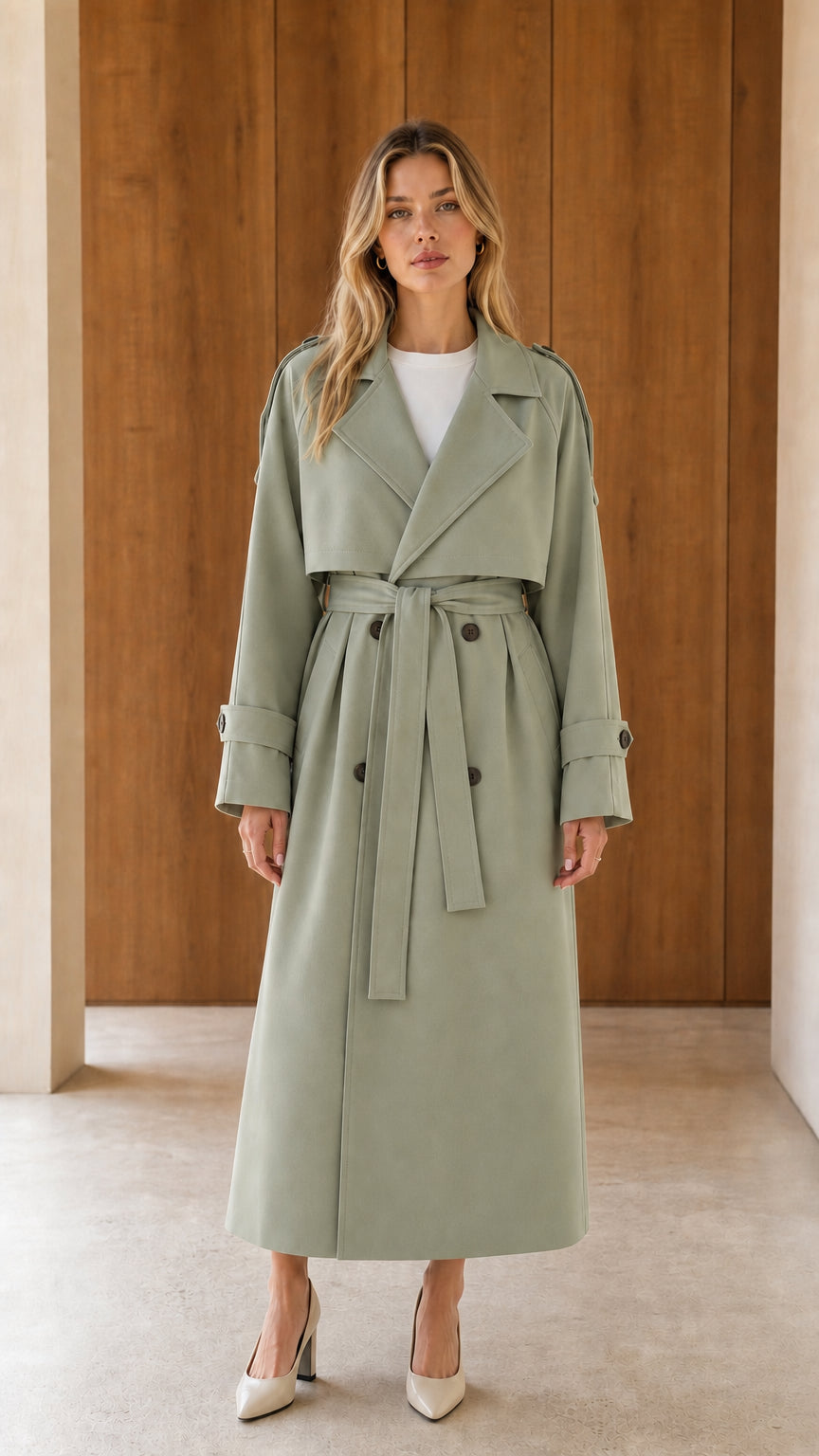 Model wearing sage green double-breasted longline trench coat