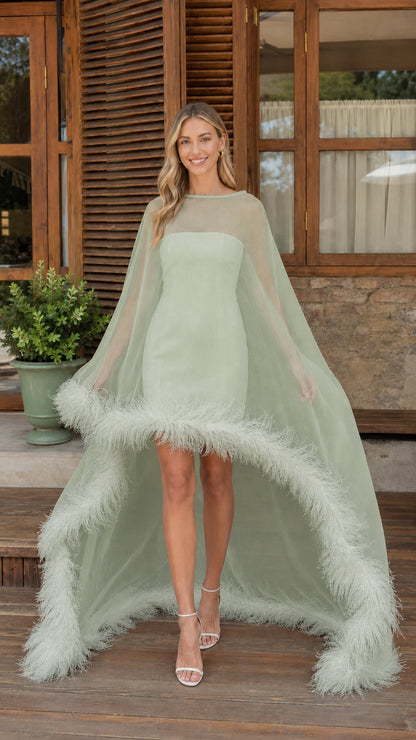 Sage green sheer cape cocktail dress with feather hem