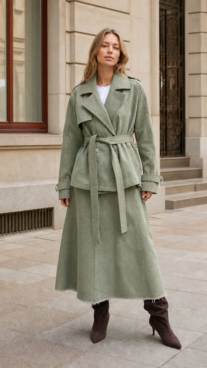 Woman wearing Sage Green belted jacket and A-line maxi skirt two-piece set