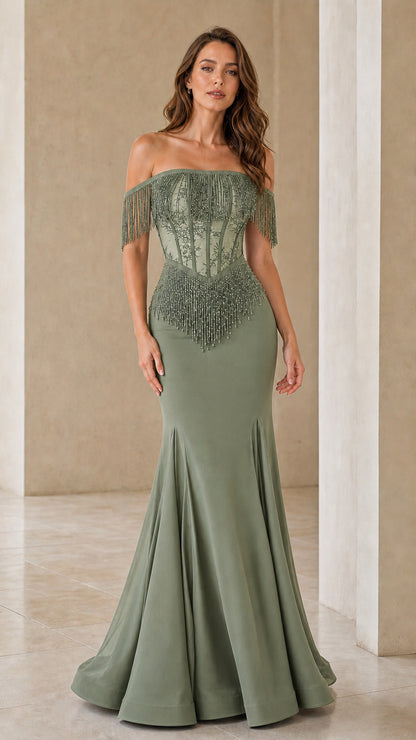 Sage green off-shoulder beaded evening dress
