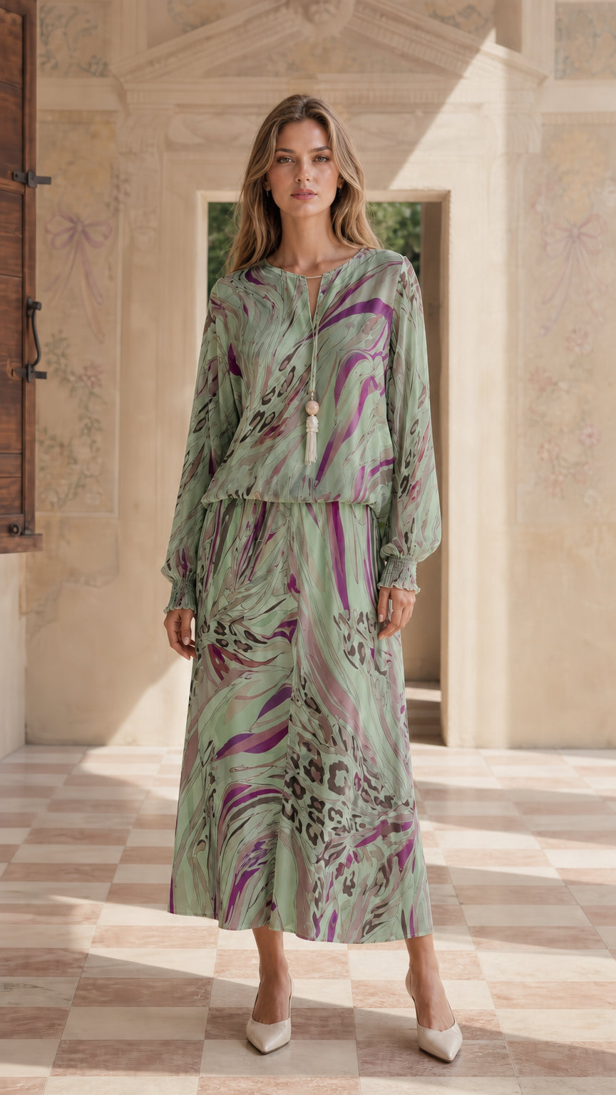 Model wearing green abstract print maxi dress set