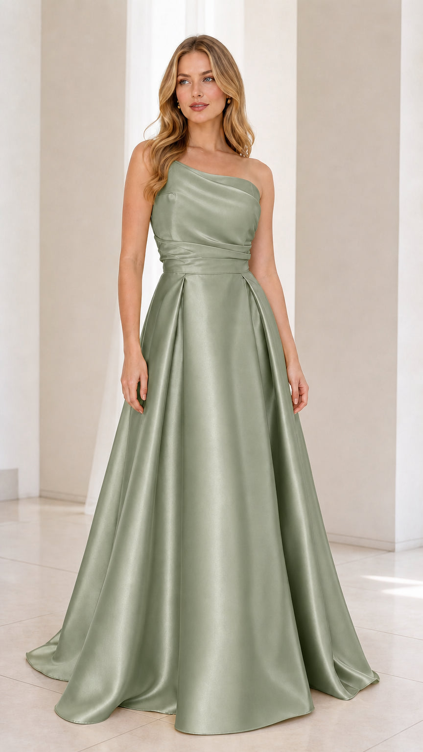 Front view of sage green one-shoulder satin evening dress