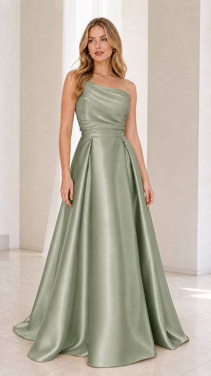Front view of sage green one-shoulder satin evening dress