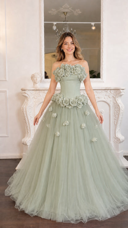 Model wearing the sage green color variant with matching floral details