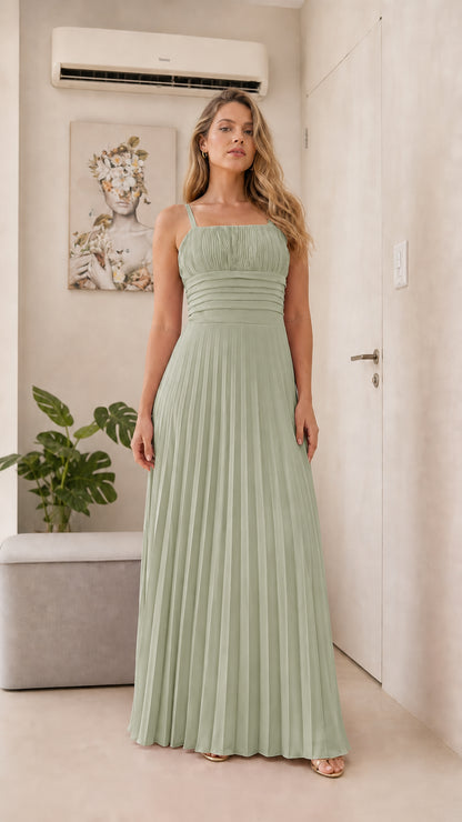 Front view of model wearing the sage green pleated maxi dress