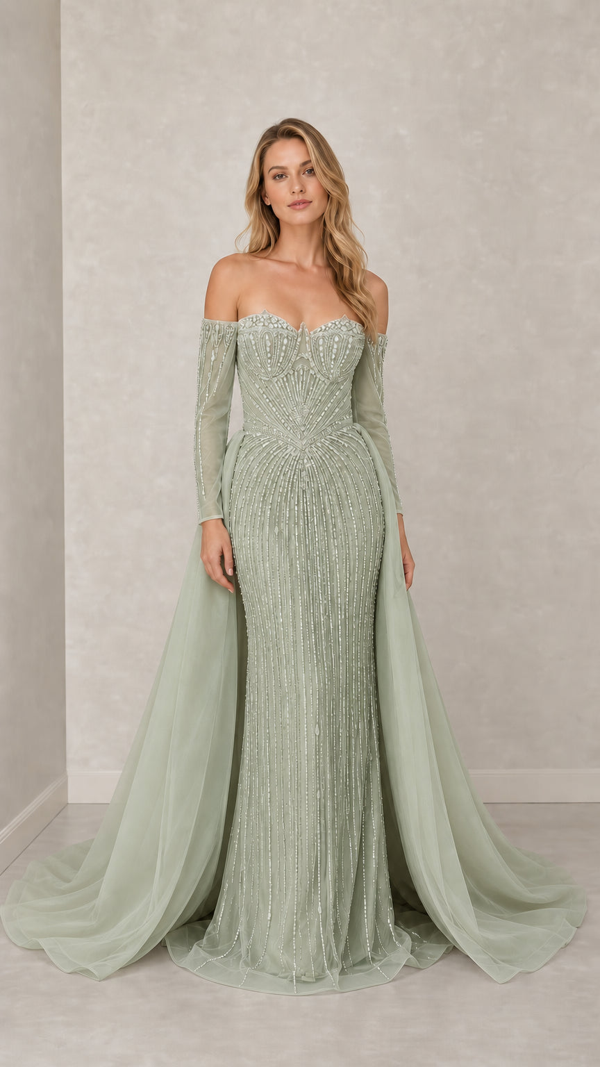 Front view of sage green variant beaded evening gown