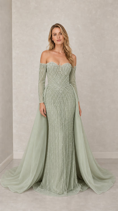 Front view of sage green variant beaded evening gown