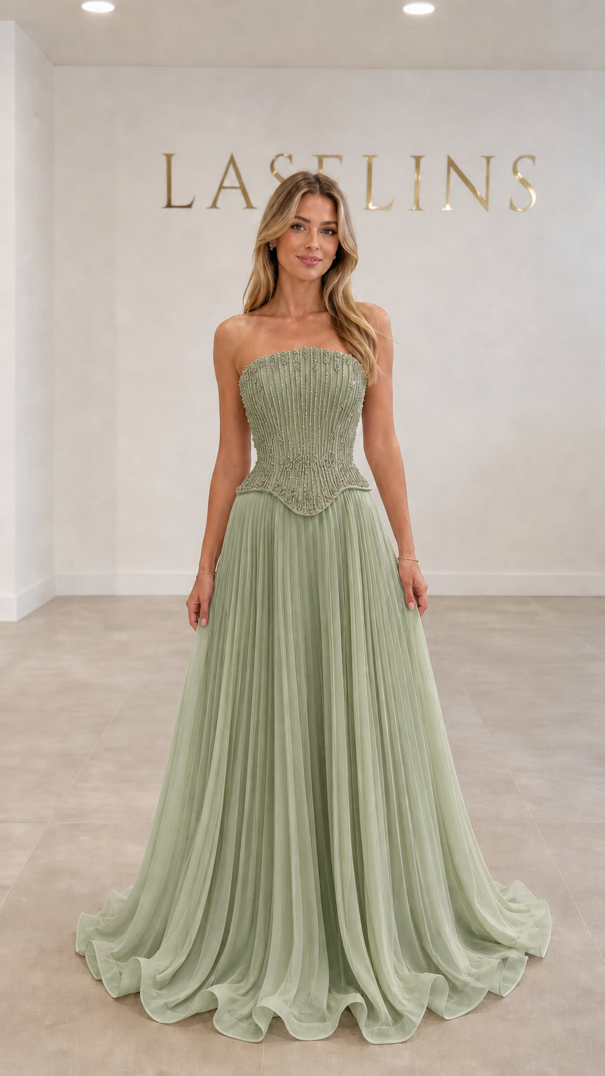 Sage Green strapless beaded corset maxi evening gown