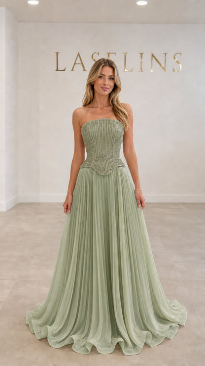 Sage Green strapless beaded corset maxi evening gown
