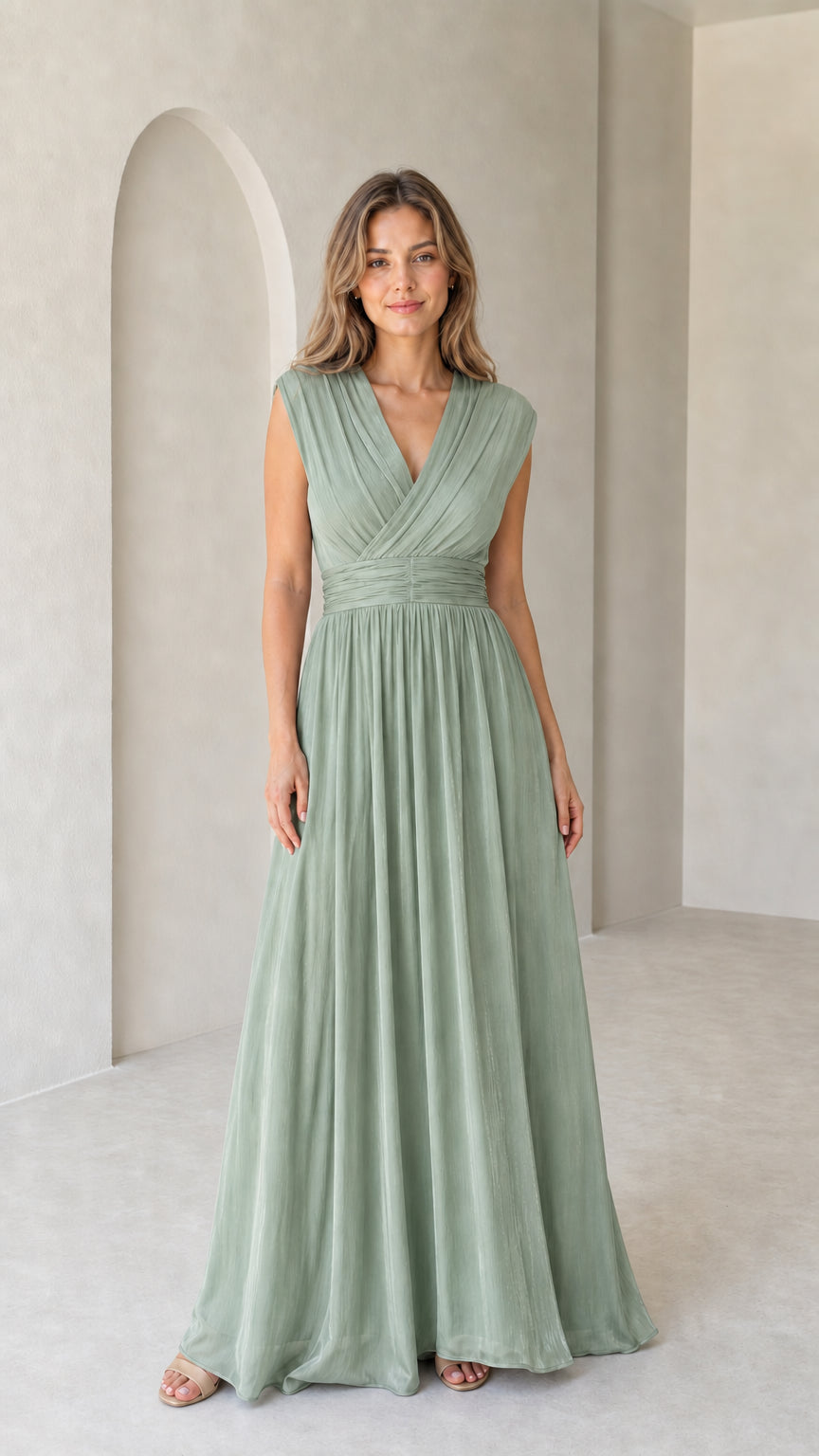 Model wearing sage green pleated sleeveless bridesmaid maxi dress