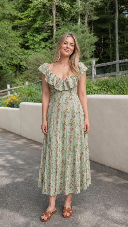 Front view of sage green floral midi dress variant