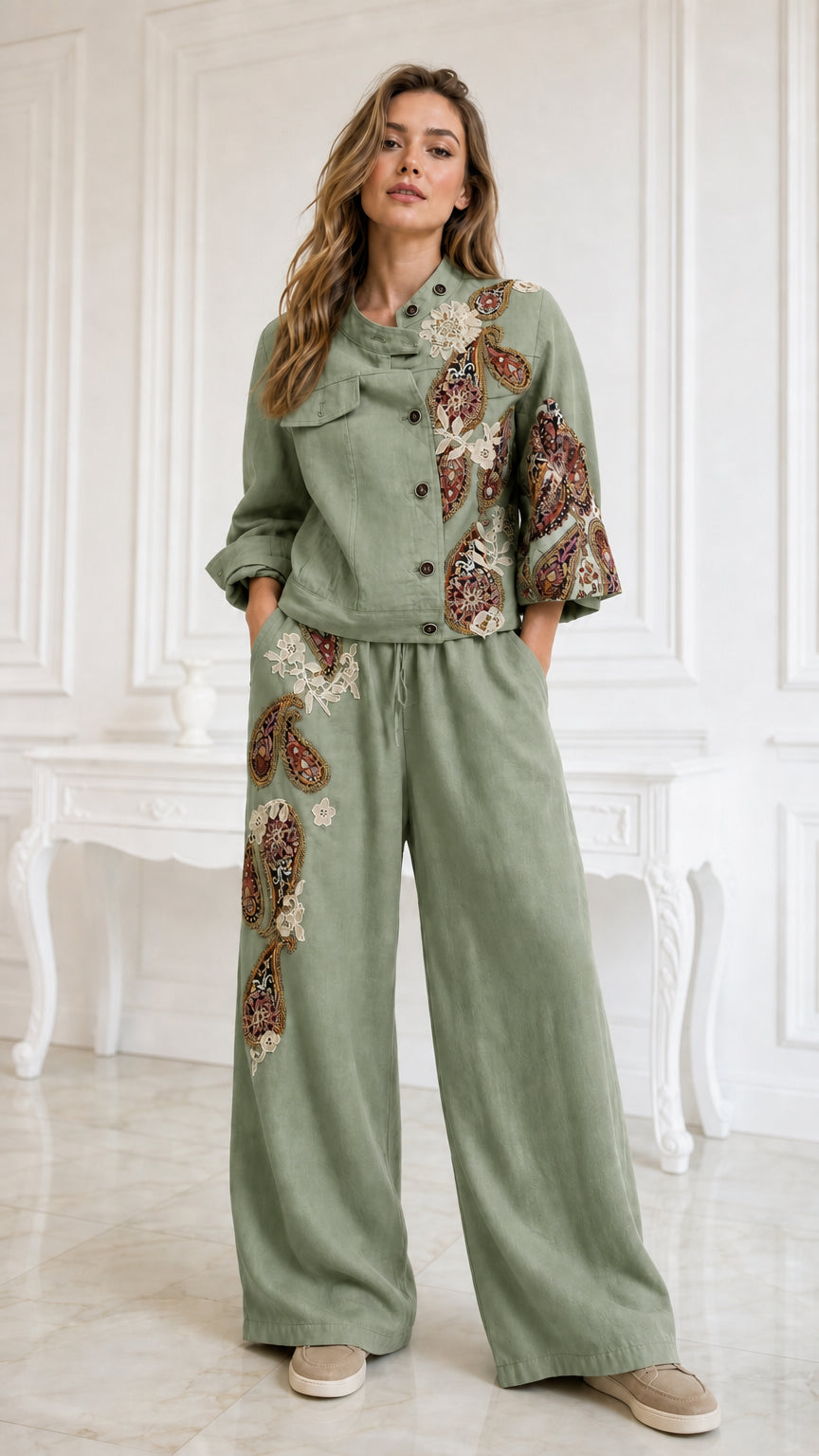 Model wearing sage green embroidered beaded jacket and matching wide-leg pants set