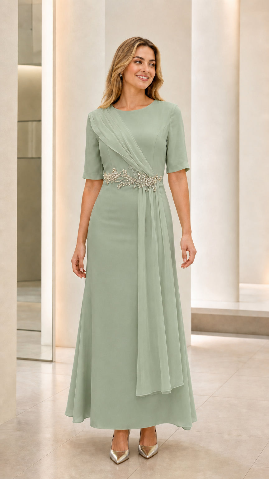 Front view of model wearing sage green short sleeve formal dress with crystal applique