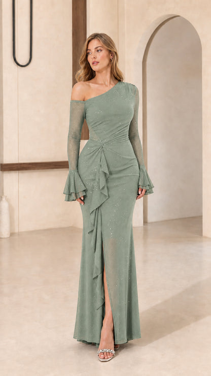 Model wearing sage one-shoulder evening gown