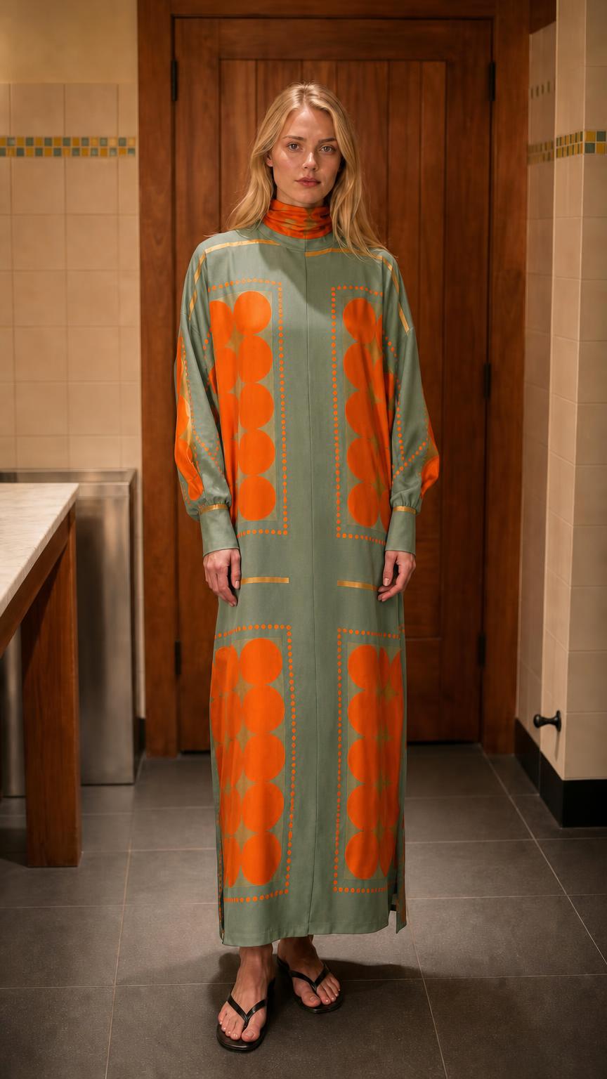 Front view of model wearing sage green geometric print maxi dress