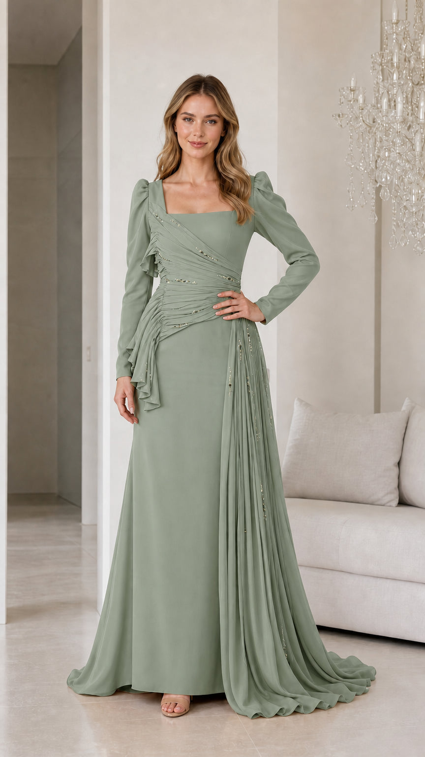 Front view of sage green long sleeve pleated evening gown