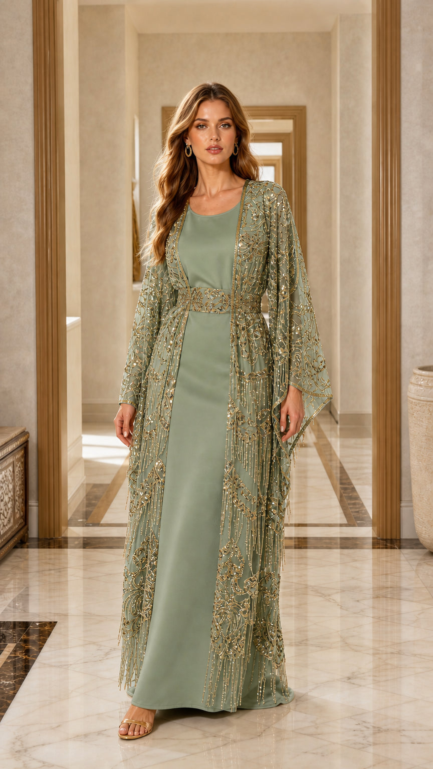 Full length view of sage green sequin cape maxi dress set
