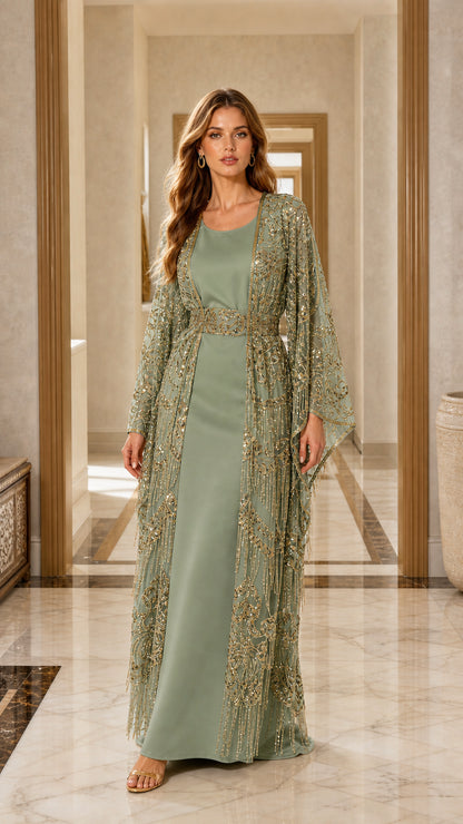 Full length view of sage green sequin cape maxi dress set