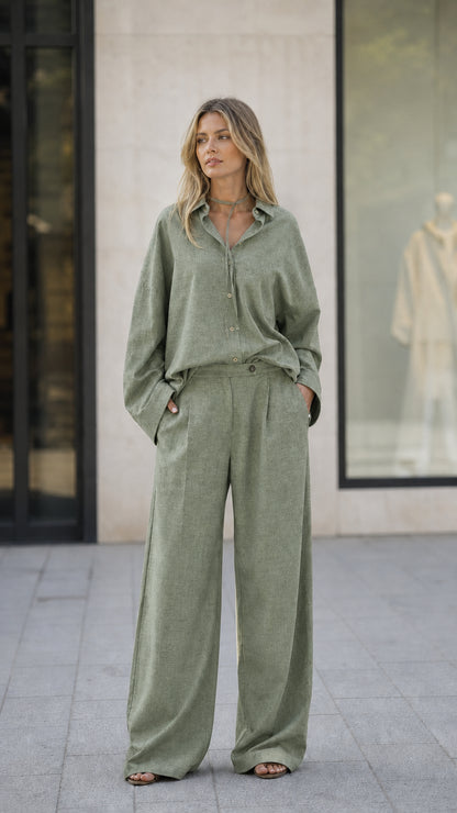 Full-length view of woman in sage green matching set