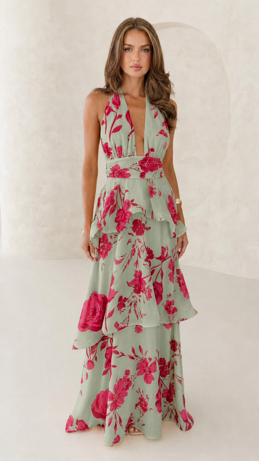 Front view of sage green floral halter neck maxi dress