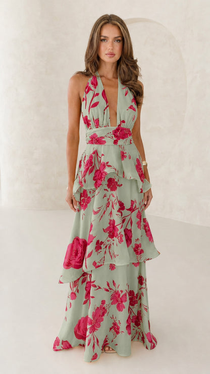 Front view of sage green floral halter neck maxi dress