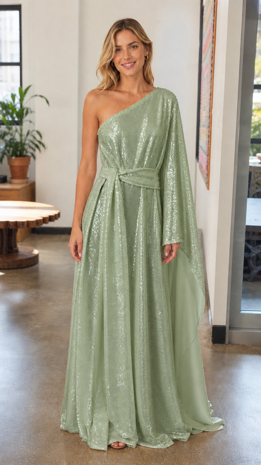 Front view of woman wearing sage green one-shoulder sequin maxi dress