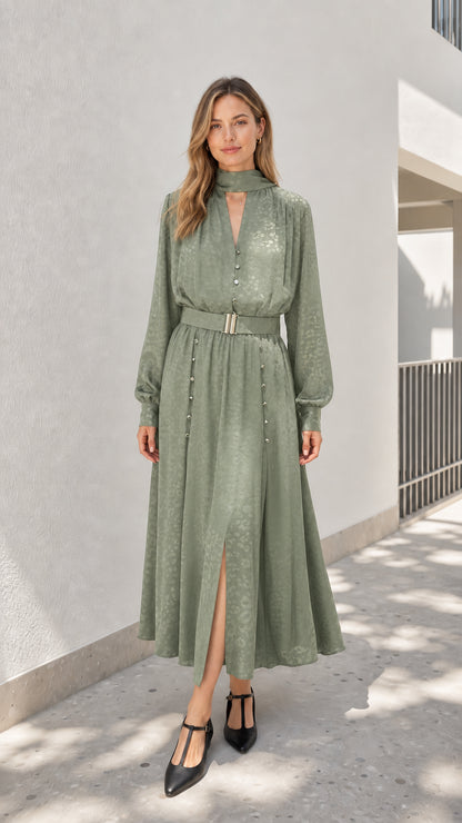 Model wearing sage green mock neck midi dress