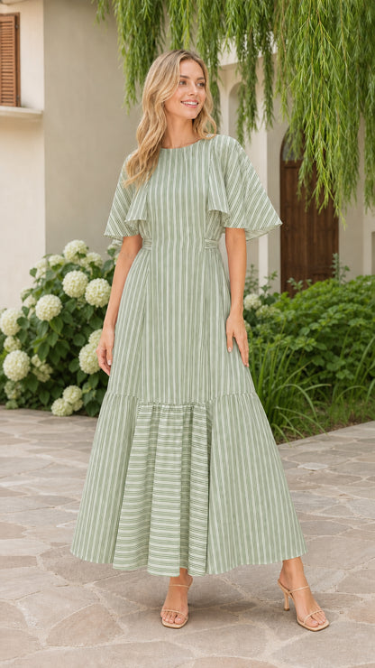 Front view of model wearing sage green striped flutter sleeve maxi dress