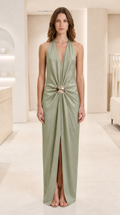 Front view of the halter plunge backless maxi dress in elegant Sage Green