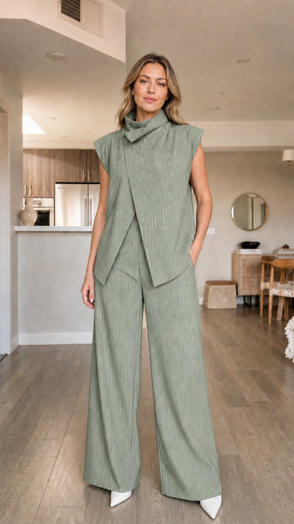 Model wearing sage green pinstripe matching set