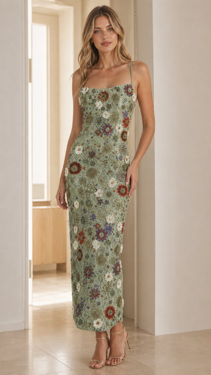Front view of model wearing the sage color variant