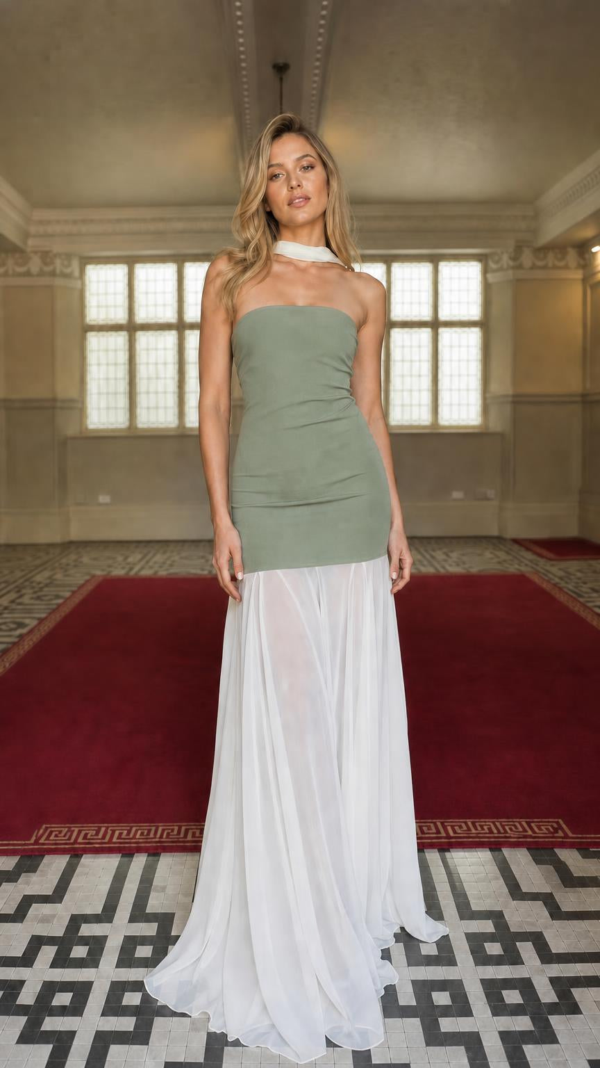 Front view of sage and white strapless evening dress variant