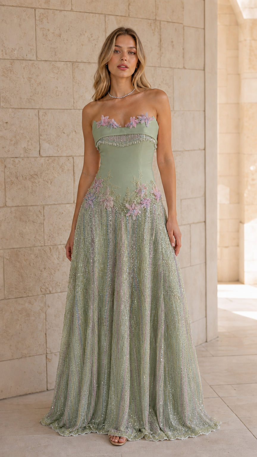 Front view of sage green color variant evening dress